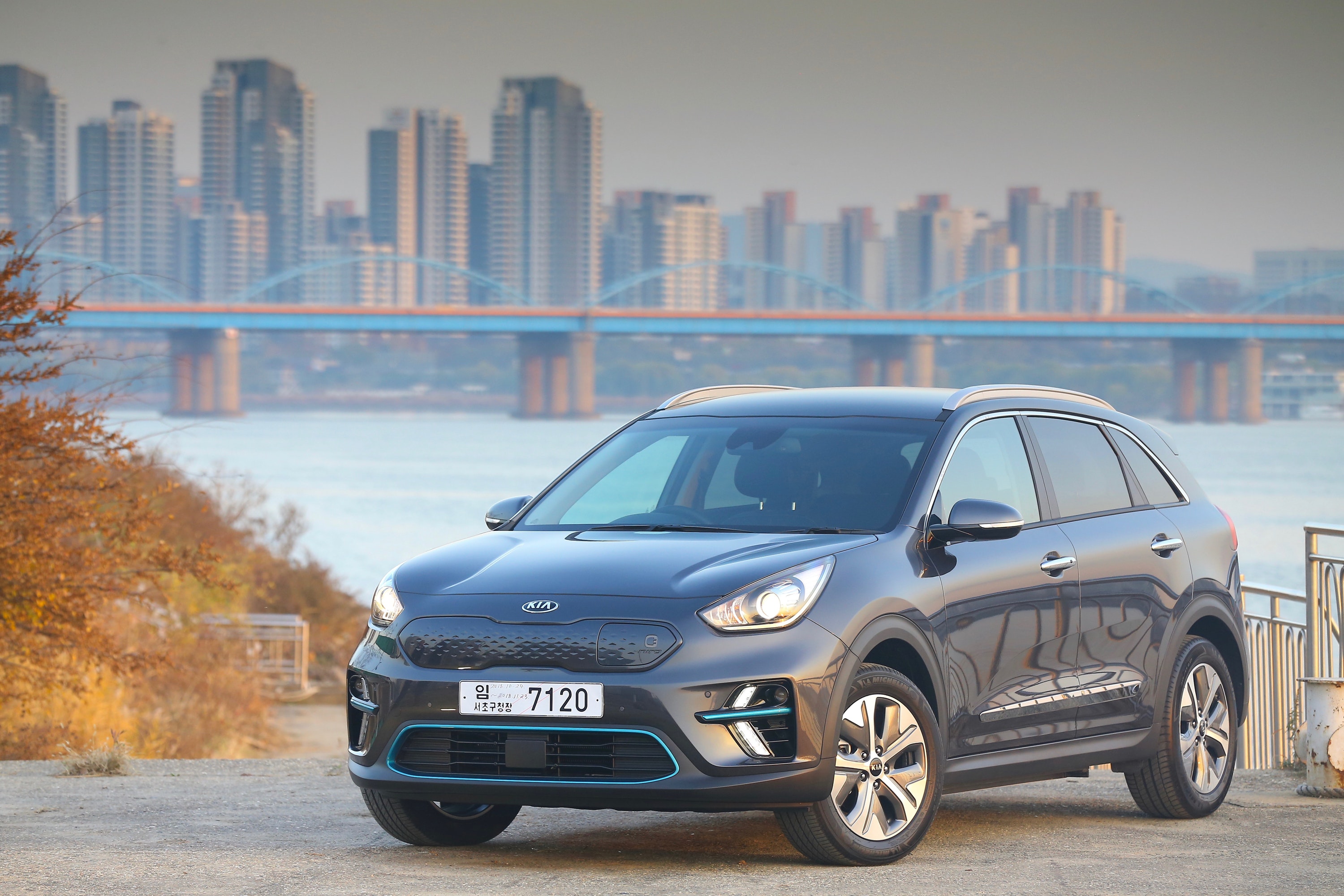 Full view of Kia e-Niro with city in the background